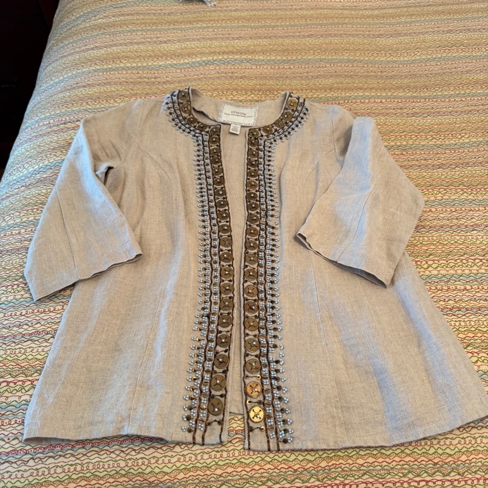 CHICO'S Boho Tan Linen Beaded Jacket Size 1 Regular